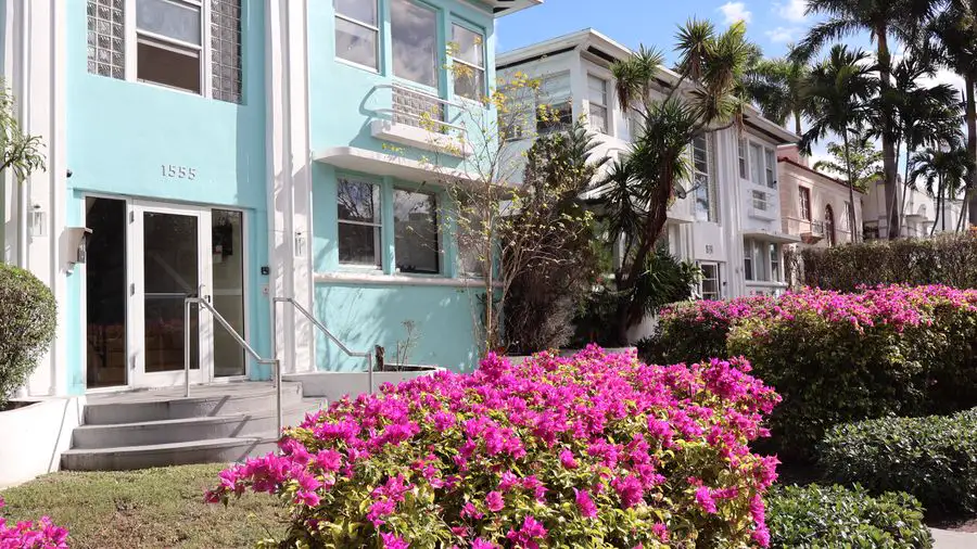 Light blue apartment-style building with pink flowering bushes and palm trees