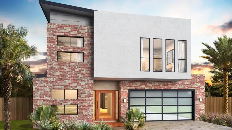 Modern two-story house with a brick and stucco front, a glass garage door and palms