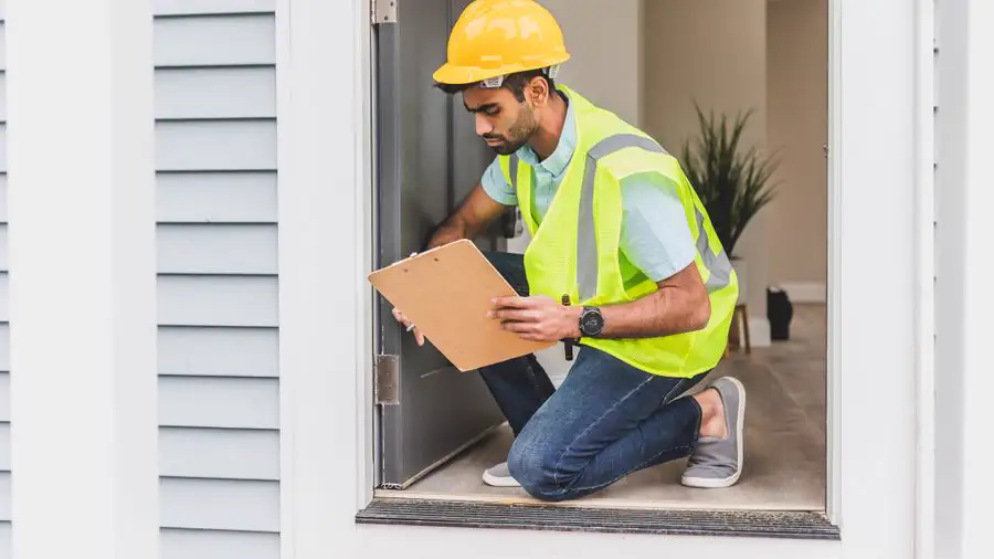 Inspector in a yellow safety vest and hard hat kneeling in a doorway with a clipboard