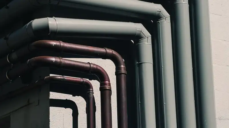 Close-up of industrial pipes forming a pattern on a building's exterior wall, shot outdoors