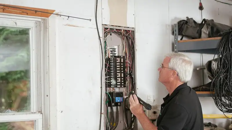 An electrician carefully examines a residential fuse box indoors, ensuring electrical safety and compliance