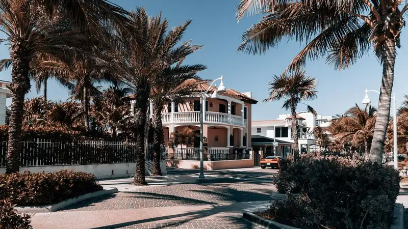Charming tropical house surrounded by palm trees on a sunny street in Hollywood, Florida
